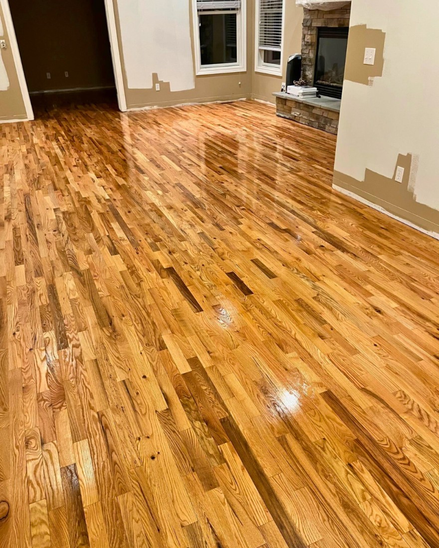 Affordable #2 red oak floors being installed and finished in St. Joseph, Michigan. 