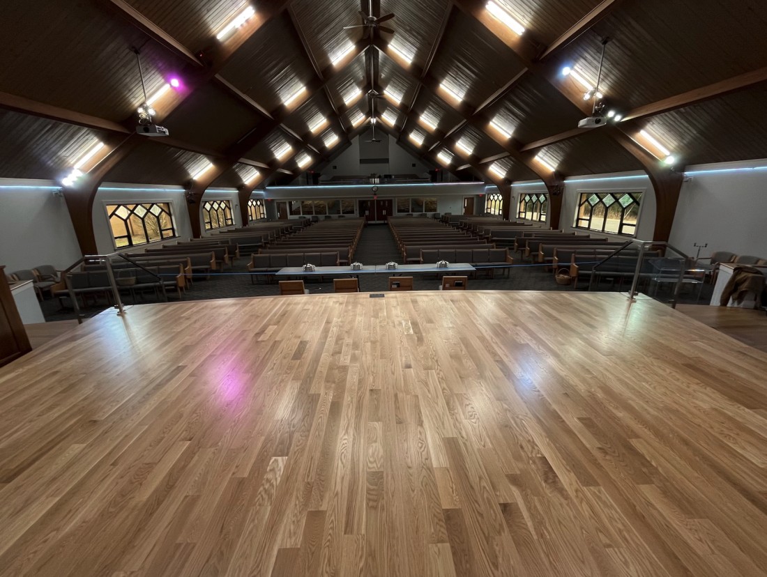 Newly refinished white oak church stage at Village SDA Church in Berrien Springs, Michigan. 