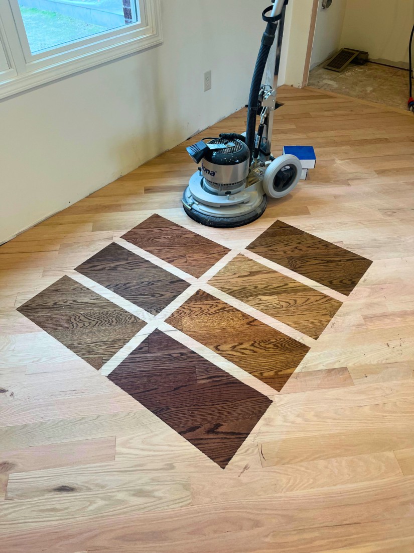 Stain samples on 3.25" wide red oak hardwood floors in St. Joseph, Michigan. 